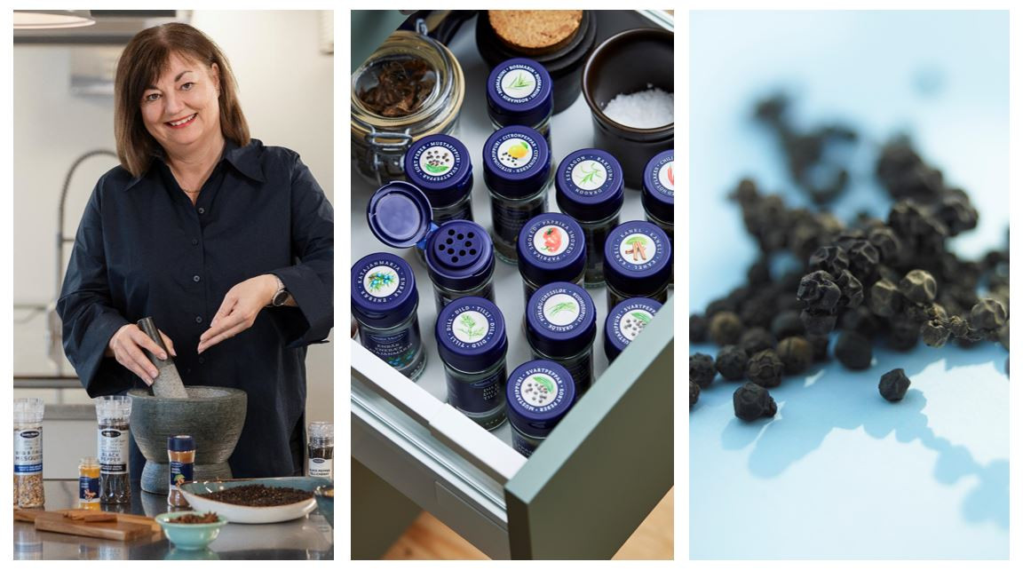 Collage of Branka Veljovic, spices in a drawer and black pepper corns