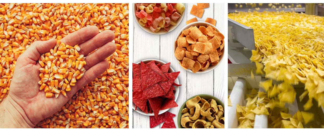 Hand holding corn, snacks on a table, snacks production